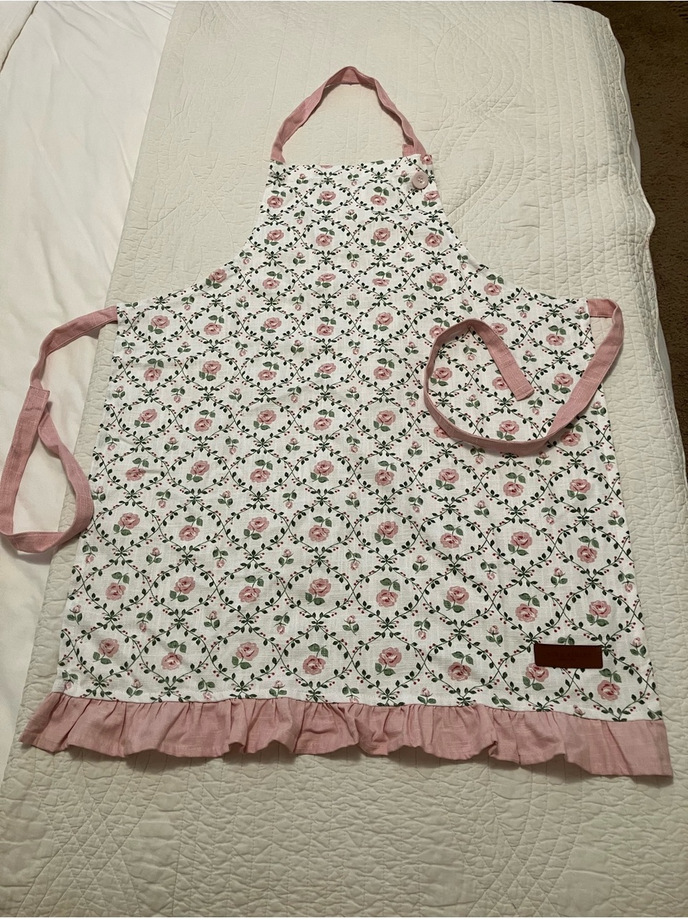 Laura Ashley Pink Rose Print Ruffled Cotton Apron